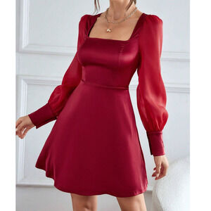 🍁 Satin red Square Neck Lantern long Sleeve mini Dress